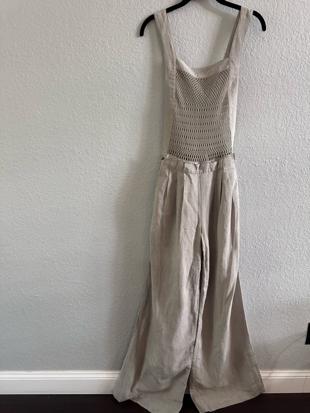 Nanette Lepore Linen Wide Leg Jumpsuit Crochet Bib Suspender Pants Neutral Boho - Picture 2 of 12